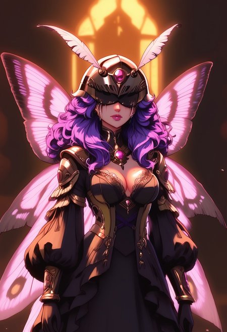 score_9, score_8_up, score_7_up, masterpiece, best quality, high definition, vivid lighting, perfect details, source_anime, depth of field, sketch, sharp focus, soft lighting, hdr, colorful, good composition, spectacular, vivid colors,<lora:wanostyle_2_offset:1>, volumetric lighting, moody lighting, bloom, gaussian blur, absurd, raytracing, 3>lora in weight of: 1.5 + detailed eyes, detailed face, 
BREAK
solo, Moth knight, small moth covering eyes, helmet, (((black tears))), black streaks down eyes, crying, sad expression, gorgeous, sexy, alluring,  moth armor, full body armor, perfect face, bedroom eyes, cyber Dystopian, shadowrun, Enigmatic 2b draped in shadows, beautiful wings, moth wings, full body, full body in view, medium breasts, wearing a detailed, black robe, adorned with green lace, purple hair, long hair, (Partially obscured face, revealing only piercing eyes adorned with kohl.arcane energy aura), sexy body, cowboy shot,  masterpiece, ultra-detailed, semi-realistic, kohl.arcane imbued eyes,
