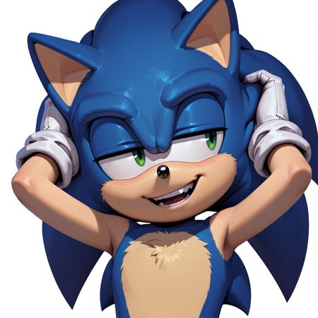 FutureFightStyle, ((semi realistic)), score_9, score_8_up, score_7_up, 8k, absurd res, evnstnly, masterpiece,1boy, solo, sonic (series), male focus, male, Sonic the Hedgehog, blue fur, green eyes, white background, smile, white gloves, beige fur, (((head shot))), lineless, arms behind head,  head tilt, looking to side, bored, annoying, 3/4 view, cartoon, half closed eyes, open mouth, teeth