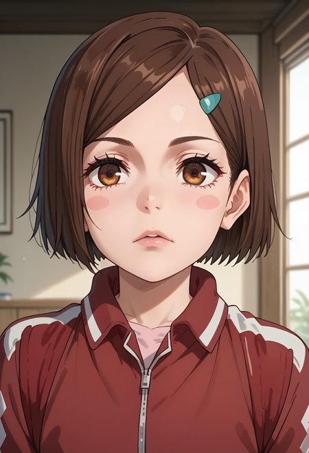 anime artwork, score_9, score_8_up, score_7_up, score_6_up, score_5_up, solo, perfect eyes, detailed eyes, beautiful female, detailed face, dynamics lines, 20 year old, perfect beautiful face, long eyelashes, sharp eyes pupils, bedroom, (upper body:1.5), flat chest, wide hips, hips,,1 girl, nobara, brown hair, short hair, blue hair clip, brown eyes, blush stickers, red track jacket, red pants,