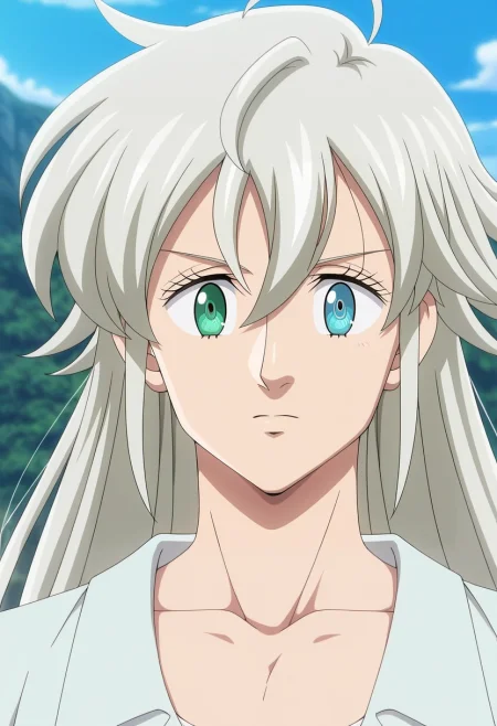 masterpiece, best quality, , anime screencap, anime coloring, official style, looking at viewer, 1boy, solo, male focus, <lora:tristan_liones_ilxl:0.96>, tristan_liones, grey hair, green eyes, long hair, ahoge, heterochromia, blue eyes,