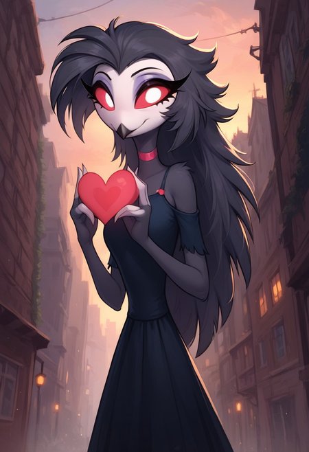masterpiece, score_9_up, score_8_up, score_7_up, score_6_up, score_5_up, source_furry, rating_safe, (best quality:1.1), ultra-detailed, high resolution, solo, highly detailed macro illustration, octavia, from helluva boss, very young, cute, owl demon, beak, wide-eyed, slim, red sclera, long eyelashes, dress, outside, (((beautiful detailed eyes))), sunset, standing in the middle of a crosswalk, (holding  giant heart:1.4), Highly Visible, ((8k)), sharp focus, perfect lighting, anatomically correct, extremely detailed, cute face, city street, high detail, Expressiveh, detailed background, OverallDetail, zPDXL2