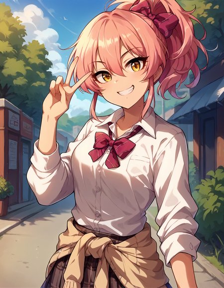 score_9,score_8_up,score_7_up,1girl,solo,cowboy shot,looking at viewer,(grin:0.6),v over eye,outdoors,
<lora:jougasakimika_ponyXLV6:0.8>,cgjm,
pink hair,hair between eyes,ponytail,yellow eyes,
hair bow,white shirt,loose bowtie,sweater around waist,plaid skirt
