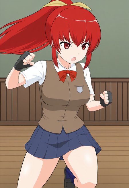 1girl, solo, satsukirindorival, red hair, ponytail, hair ribbon, red eyes, shirt, short sleeves, vest, breasts, skirt, fingerless gloves, blue socks, shoes, school uniform, indoors, fighting stance, open mouth, standing,