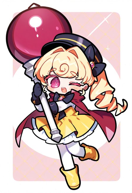 1girl, blonde hair, long hair, one eye closed, solo, pink eyes, dress, holding, yellow footwear, chibi, open mouth, cape, gloves, bow, teeth, bangs, red cape, hat, oversized object, full body, upper teeth only, drill hair, hair bow, white pantyhose, pantyhose,
masterpiece,best quality,amazing quality, <lora:omoyunakyu715-_style_Illustrious:1>, omoyu_nakyu715,