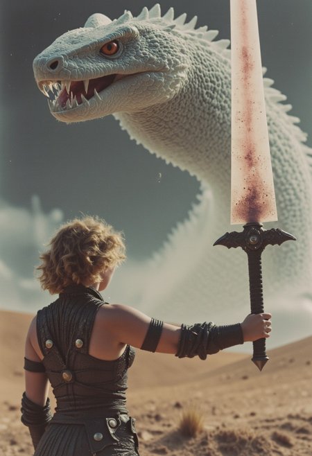 A dynamic action scene captured with gritty realism, as if shot on an old analog camera. A lone warrior woman, viewed from behind, stands in battle-worn, intricately detailed chainmail. Her short, curly blonde hair catches the faint glow of her weapon—a massive, twisted translucent greatsword—crackling with dark energy that radiates along its length. She faces an enormous, translucent serpent boss towering above her, its ghostly body shimmering with ethereal light and complex patterns that pulse with an otherworldly glow. The serpent’s translucent form refracts light, creating surreal, prismatic effects that scatter across the scene. The vast desert battlefield is framed by windswept dunes beneath a cold, steel-gray sky. The stark contrasts of magical light and deep shadows highlight the warrior’s determined stance as she prepares to strike in this epic confrontation.