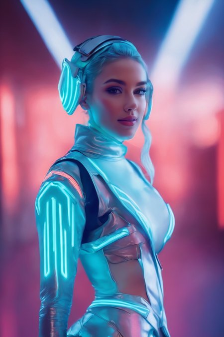 ((Masterpiece, best quality)),photography, detailed skin, realistic, photo-realistic, 8k, highly detailed, full length frame, High detail RAW color art, diffused soft lighting, shallow depth of field, sharp focus, hyperrealism, cinematic lighting,smiling,
edgFut_clothing, a woman in a futuristic outfit with a futuristic headpiece,((neon, electric circuit)),visor ,wearing edgFut_clothing
 <lora:edgFuturisticXL:0.9>