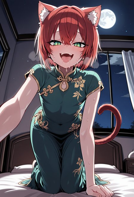 solo,
1boy, trap, skinny, catboy, red tail, red cat ears, bob hair, red hair, green eyes, slit pupils,
chinese princess outfit, green dress, short sleeves, blushing, shy, long skirt, floral print, on all fours,
living room, window, night, moon,from below, smug, saliva, tongue,
masterpiece,best quality,amazing quality,    <lora:Benisman-_style:1>. benismanstyle1231.