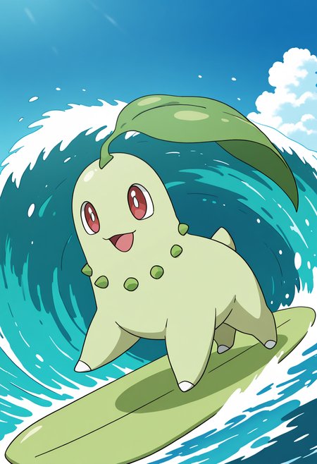 masterpiece, best quality, no humans, solo,    zzChikorita, surfing on leaf, wave, ocean,    ,<lora:ChikoritaPokedex_IXL:1.0>,