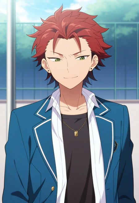 masterpiece,best quality,amazing quality, source_anime, 
kuroooky, 1boy, male focus, solo, green eyes, red hair, multicolored hair, jewelry, earrings, ear piercing, necklace, school uniform, black undershirt, white shirt, collared shirt, open shirt, jacket, blazer, blue jacket, open jacket, smile,
outdoor,