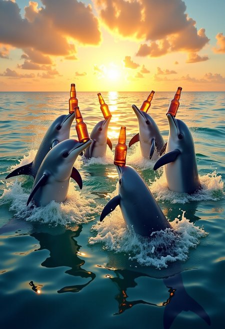 Imagine a playful group of dolphins in the middle of the ocean, gathered in a circle, each holding bottles of beer in their flippers. The sun is setting on the horizon, casting a golden glow across the water, while the dolphins laugh, splash, and pass the beers around. Some are playfully balancing the bottles on their noses, while others take turns diving through the waves. The scene is lighthearted and comical, with frothy waves and beer bubbles mingling in the ocean as the dolphins enjoy their carefree party at sea