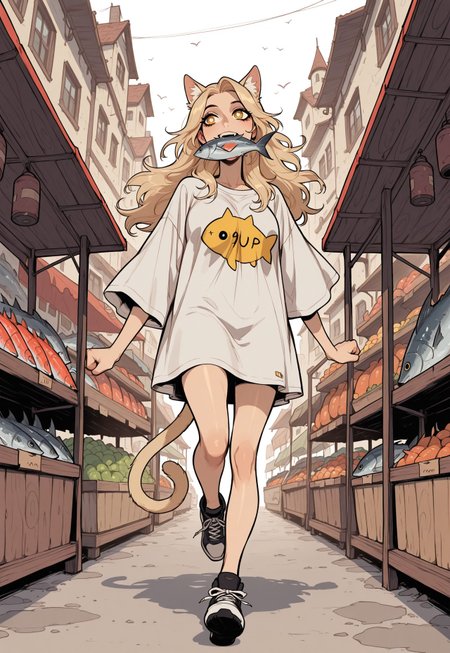 score_9, score_8_up, score_7_up, masterpiece, best quality, very aesthetic, incoth, (incase:0.6), detailed face, (dynamic:1), 1woman, blonde hair,  long hair, golden eyes, white pupils, oversized shirt, mature, fish market, market, vendor, catgirl, cat ears, tail, fish in mouth, running away, escaping,
