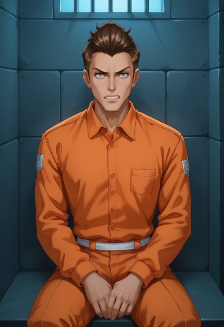 embedding:Pony\Positive\zPDXL3, score_9, score_8_up, score_7_up, tad_ts!, 1boy, green eyes, brown hair, slicked back hair, orange prison clothes, collared shirt, long sleeves, jail, prison, imprisoned, prison bars in the foreground, angry expression, clenched teeth, sitting, look at viewer, best quality, high resolution, masterpiece.