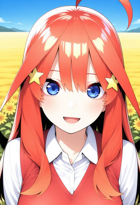 nakano_itsuki, blue eyes, red hair, long hair, ahoge, hair ornament, red sweater, sweater vest, collared shirt, long sleeves,  <lora:nakano_itsuki_illustrious_ver1:0.8>
smile,, masterpiece, best quality, general,, 1girl, solo, (field:1.2), (blue sky:1.2), looking at viewer,, (upper body:1.2), (close-up:1.2), (facing viewer:1.2), (open eyes:1.4), (portrait:1.2)