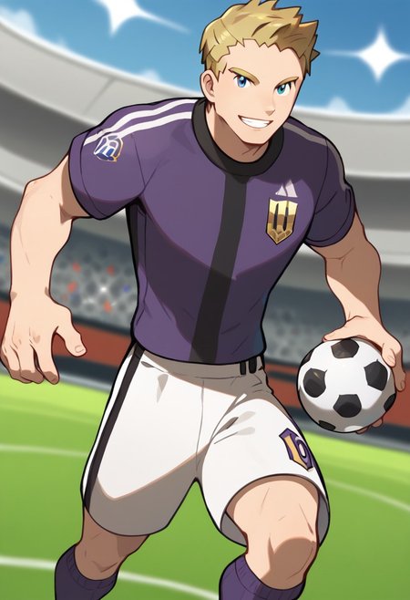 txt2img
score_9, score_8_up, score_7_up, source_anime, highly detailed, big pecs, male focus, 1boy, sideburns, standing, muscular, soccer field background, Expressiveh, holding a soccer ball, muscular arms, pectorals, teeth, smile, blurry background
POKEMON_striker, blond hair, short hair, blue eyes, nose
soccer uniform, purple shirt with black and white accents, white shorts with black accents, purple socks, black tenis, 
pokemon