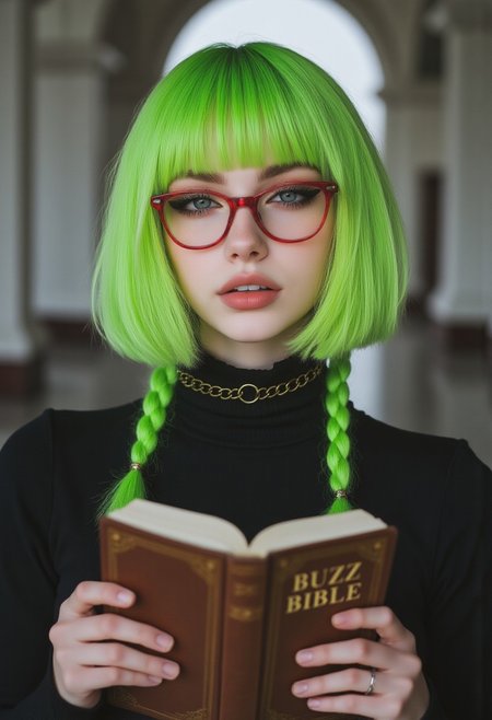 FictionalApple, goth girl with a lime green bobcut with blunt bangs and 2 long braids. Wearing red rimmed glasses. Background of a blurry church. Holding up a book in her hands with the title "Buzz Bible"