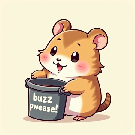 Hamster, Holding a bucket that says 'buzz pwease!' on the front, very cute hamster, in anime art style, detailed