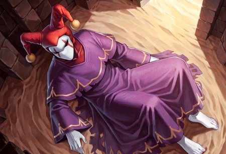 score_9,score_8,score_7,source_furry, (masterpiece, best quality, high quality:1.2), detailed hands,character focus, detailed skins, body blush, cinematic shadow, character focus, ultra detailed background, 
dutch angle,
<solo:1.5>, <1boy:1.5>, (anime:3.5), (official:3.5), on back, reading manga, from above,
chariotsaga, 1boy, solo, male focus, 
jester, red headwear, looking at viewer, white skin, jester cap, pom pom (clothes), (faceless mask:1.2), facepaint, hat, robe, purple robe, torn robes, long sleeves, wide sleeves, barefoot, light gray color nails, 
ancient ruin background, indoor, dark orange stone wide rooms, torch wall, darkness, sand, desert,