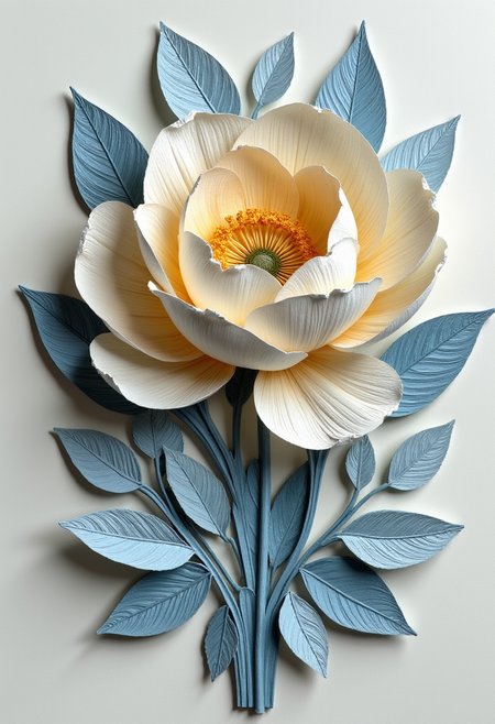 YFG-Pira, architecture, piranesi, Paper art collage, intricately crafted with layered petals and leaves in soft cream and dusty blue tones. Each element has fine, textured details that mimic natural veining, with delicate shadows cast between layers adding a subtle depth. The three-dimensional arrangement and clean, elegant lines give the piece a refined, sculptural quality, evoking a sense of calm and delicacy