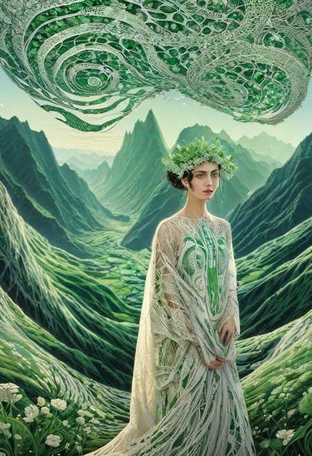 woman, standing, looking at viewer, mountains, wearing HUD_shmrck, made of delicate shamrock leaves intricately woven together,, creating a whimsical and ethereal look, highly detailed. Masterpiece, HD, 3D