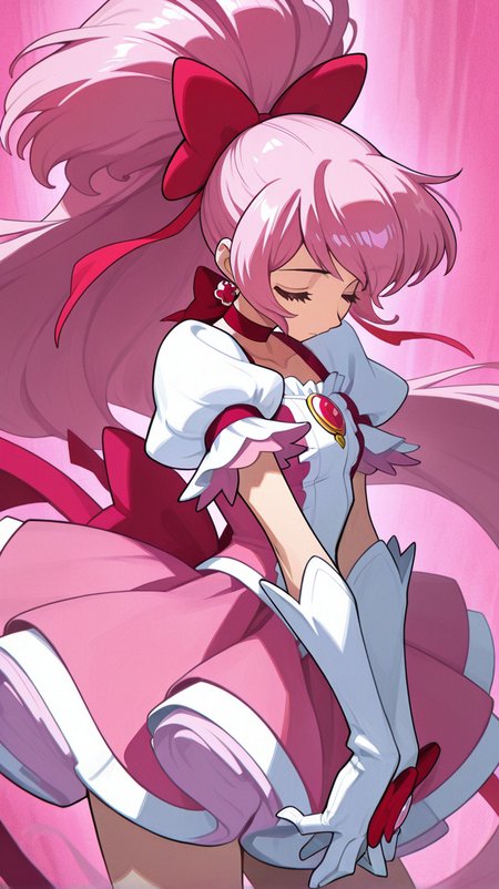 1girl, solo, long_hair, bangs, skirt, shirt, gloves, bow, jewelry, very_long_hair, closed_mouth, closed_eyes, ponytail, pink_hair, short_sleeves, hair_bow, choker, elbow_gloves, white_gloves, red_bow, magical_girl, pink_background, pink_skirt, pink_theme