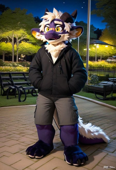 score_9_up, score_8_up, score_7_up, source_furry, mikus-sona, fursuit, furry focus, furry style, furry costume, anthropomorphic, anthro, yay, dragon boy, white eyebrows, yellow eyes, 1boy, solo, ((park, night))