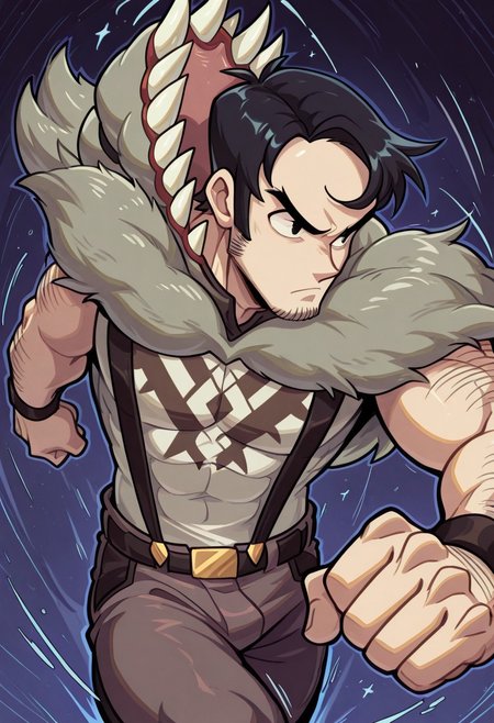 Dynamism, arwe, thick lines, Dynamic pose, dynamic view, dynamic angle, cartoon source, solo, male focus, 1boy, beowulf, male,Black eyes, Black hair, sideburns, facial hair, mucular body, wolf suit, Upper body, 
perfect anatomy, masterpiece, perfect quality, best quality, detailed, newest, very aesthetic