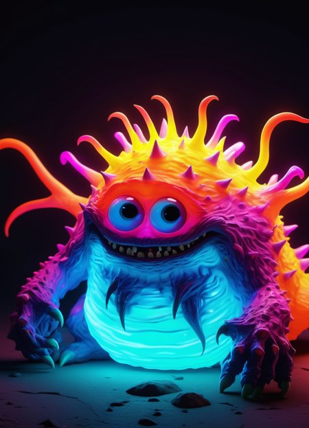 crazy fluorescing monster cartoon figure, in neon colors, future art <lora:add-detail-xl:0.5>, subsurface scattering, ultra hd, 4k, high def, Photorealistic, Hyperrealistic, Hyper detailed, analog style, realistic, masterpiece, best quality, ultra realistic, 8k, Intricate, High Detail, film photography, soft lighting,  heavy shadow