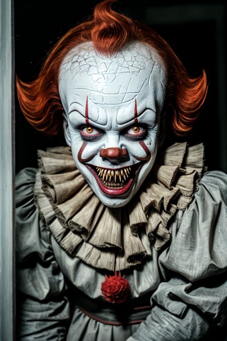 pennywise, sharp teeth, staring at viewer outside of a window,<lora:pennywise-000006:1>