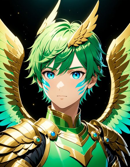 furrydskstyle, solo, looking at viewer, short hair, bangs, blue eyes, simple background, 1boy, closed mouth, upper body, male focus, green hair, wings, artist name, armor, glowing, watermark, facial mark, black background, androgynous, green wings, cinematic angle, cinematic lighting, foreshortening, depth of field, detailed background, masterpiece, best quality , official art , <lora:furry_SDXL:0.8>
