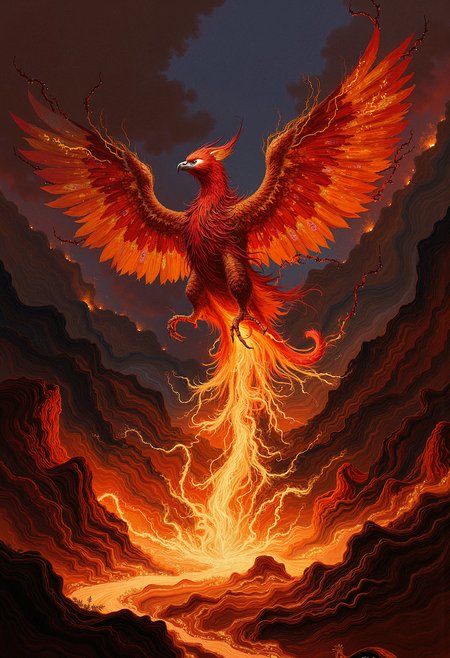 A colossal phoenix rising from a pool of molten lava, with its wings made entirely of shifting, flowing magma. The bird's body glows intensely, and as it rises, the magma drips off its feathers, creating small rivers of lava below. Its eyes are glowing white-hot embers, and its beak releases streams of smoke. In the background, a dark, volcanic landscape with jagged cliffs and eruptions is illuminated by the glow of the phoenix. The atmosphere is chaotic, fiery, and awe-inspiring, with a sense of both destruction and rebirth in the air.  <lora:FLUX-daubrez-DB4RZ:0.93> DB4RZ, DB4RZ style painting, <lora:ARTifacts:0.66>