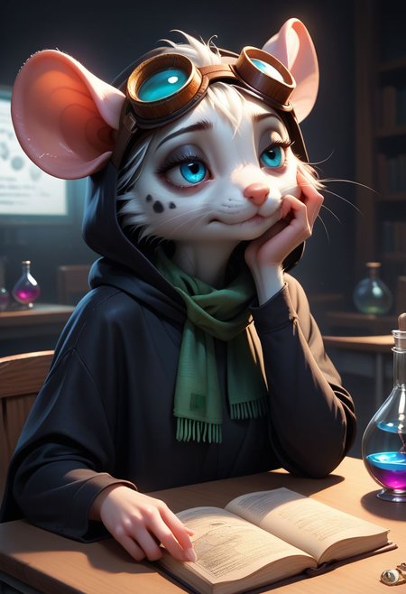 score_9, score_8_up, score_7_up, masterpiece, line art, portrait, anime, detailed, <lora:Expressive_H:0.45> Expressiveh,	detailed background, concept art, source_anime, dark theme, low light, solo, anthro mouse girl, tiny, bags under eyes, mouse tail, cute, blue eyes, tired, lidded eyes, hooded, green scarf, goggles, laboratory background, black cloak, white spots on fur, black fur, bottomless, holding potion, seated at table, messy work desk, books, hand on face