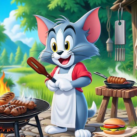 (Tom & jerry),Cartoon (Tom:1.35) cat  casual dresses,  grilling kebab, dirty shirt, thick red fur, nature