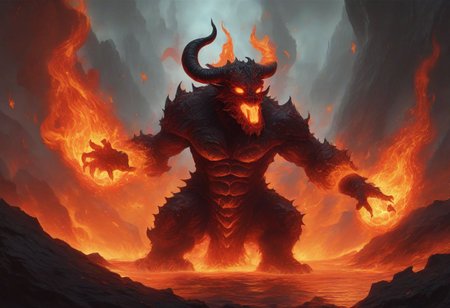ferrous fire breathing, ghoulish, ghastly horned elemental in a hellish fiery lava filled environment. decimating everything in rage all around it. A lone wizard figure using magic to manipulate water to extinguish fires. OverallDetailXL