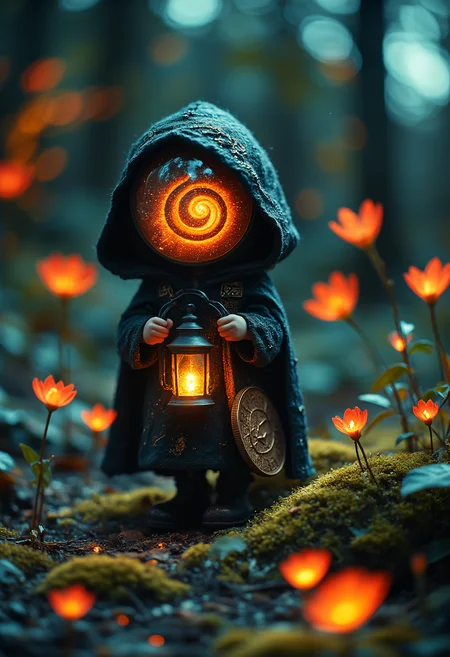 A stunning macro image of a tiny hooded figure with glass mask that reflects a glowing orange spiral galaxy, carrying an ancient, rune-inscribed lantern no bigger than a coin. The lantern emits a warm, golden glow, illuminating the delicate details of the figureâs cloak, embroidered with silver thread in the shape of constellations. The tiny footprints left behind shimmer briefly before vanishing into the soft moss. The background is a blur of glowing fairy lights and enchanted leaves, swaying as if whispering secrets in the wind.  Ground is scattered with colorful red/yellow/blue glowing flowers.  Vibrant glow. Night scene.