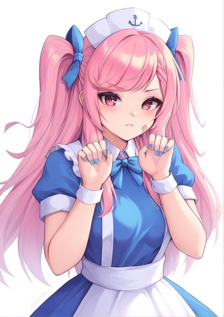1girl, :t, @_@, anchor symbol, bandaid, bandaid on arm, bandaid on face, bandaid on hand, bandaid on neck, blue bow, blue bowtie, blue dress, blue hair, blue nails, bound, bound wrists, bow, bowtie, braid, colored inner hair, dress, drill hair, framed breasts, frown, hair bow, hands up, long hair, looking at viewer, maid headdress, multicolored hair, nail polish, pink eyes, pink hair, puffy short sleeves, puffy sleeves, ribbon, short sleeves, solo, twin drills, two-tone hair, two side up, upper body, white background, white headwear, white ribbon,  <lora:bloody-rabbit:1>