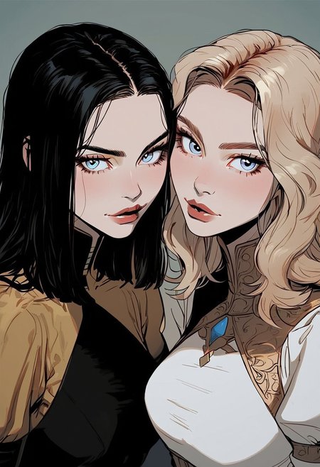 two girls with contrasting images. One has blonde hair with straight short fringes, the other has black hair and the same fringes. Both are looking towards the viewer, their faces touching each other, one face slightly lower than the other, creating an effect of tenderness and closeness. The girls have expressive blue eyes, long black lashes and glossy lips. Their dark-coloured clothes emphasise the minimalism and elegance of their style.