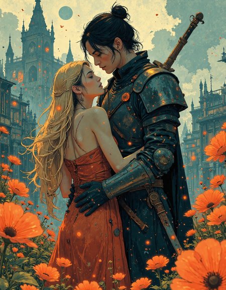 Embrace in a field of poppies: A dark, imposing knight in full plate armor with a large sword on his back embraces a woman with long, blonde hair and a flowing crimson dress. The background features a detailed medieval city with a prominent cathedral, rendered in soft, hazy tones. The dominant colors are red, black, gold, and muted greens and blues. The style is reminiscent of classic fantasy art with a touch of impressionism in the background. Medium shot, slightly low angle, emphasizing the knight's imposing presence. Digital painting, highly detailed, <lora:ìë¦ëµê³ _ì°ìí_r1:0.6>, <lora:ìë¬µí:0.6>, <lora:FantasyWizardWitchesFluxV2-000001:0.8>