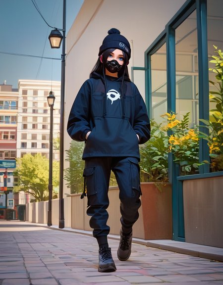 zPDXL2, <lora:TechwearV2:1>, t3chwear, 
1girl, cute face, detailed eyes, long black hair, blue eyes, black face mask, black beanie, walking on a sidewalk, headphones, hands in pockets, full body