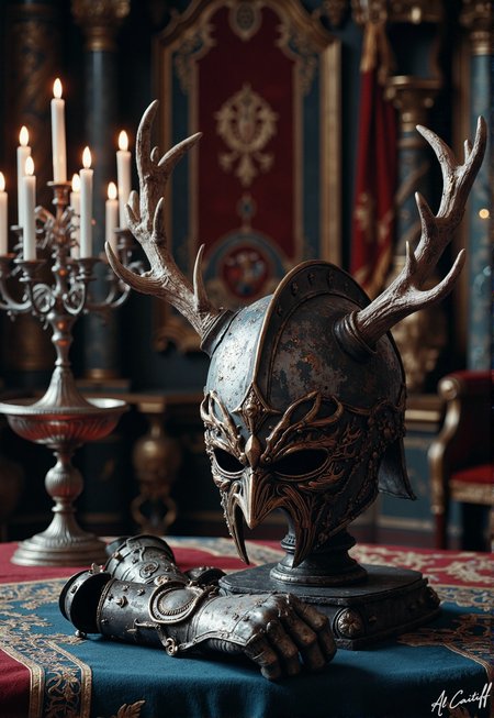 A battle-worn silver helmet. Its golden antler crest broken yet defiant, nasal guard bent from a final, fatal blow. Rests upon a pedestal like a relic of forgotten glory. Gauntlets on the floor, their steel fingers catching the flickering glow of candlelight as if trying to reignite its lost honor.