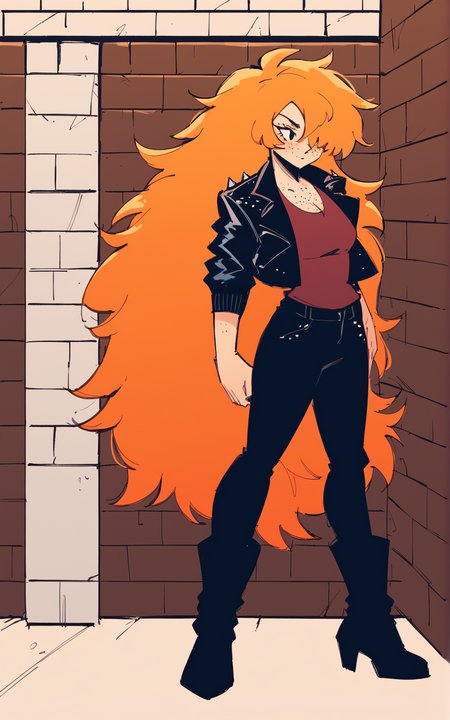 score_9, score_8_up, score_7_up,((best quality)), absurdres,((full body)),  <lora:3d-2d:0.8>,  <lora:TigerNJPXL:0.8>,TigerNJPXL,long hair, orange hair, jacket, leather jacket, hair over one eye,long hair, pants, boots, big hair, black footwear,black jacket, black pants,red shirt,shirt,human,freckles,black eyes,leaning on brick wall