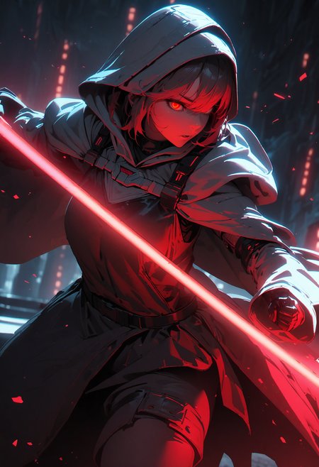 (masterpiece), best quality, (4K), (cinematic red lighting), Colorful, vibrant, spot color, highly detailed, sharp, high resolution, 4K, UHD, 8K, masterpiece, ultra_high_resolution, OverallDetailXL, sci-fi, medieval neon lights, gloe, dramatic contrast, extraordinary, hyperrealistic, cinematic lighting, complex, immersive, intricate, 1girl, solo, sith outfit, star wars, led, hooded cloak, holding blade, red lightsaber, dynamic angle, stance, attacking, ultra highres, absurdres, deep glow effect, hdr, light particles, cinematic lighting, depth of field