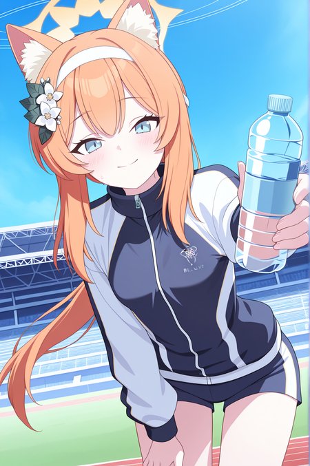 anime_screencap,  masterpiece,best quality,amazing quality, highres,  1girl, solo, Mari_(Track)_(Blue_Archive), blue_eyes, orange_hair, braid, small_breasts, long_hair,  halo, hair_flower, animal_ear_fluff, gym_shorts, blue_shorts, track_jacket, blue_jacket, white_hairband, stadium, standing,leaning_forward, looking_at_viewer, ((water_bottle)), holding_drink, reaching towards viewer, light_smile, closed_mouth,  