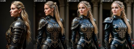 Highly detailed leather armor, The image shows a woman wearing a black and gold suit of armor. The armor is intricately designed with gold accents and patterns. The woman's hair is long and blonde, and she is looking off to the side. The image is likely from a fantasy or medieval setting. The woman's armor is a symbol of power and protection, and her expression suggests that she is ready for battle. The image is well-composed and the lighting is good, making the details of the armor clearly visible.