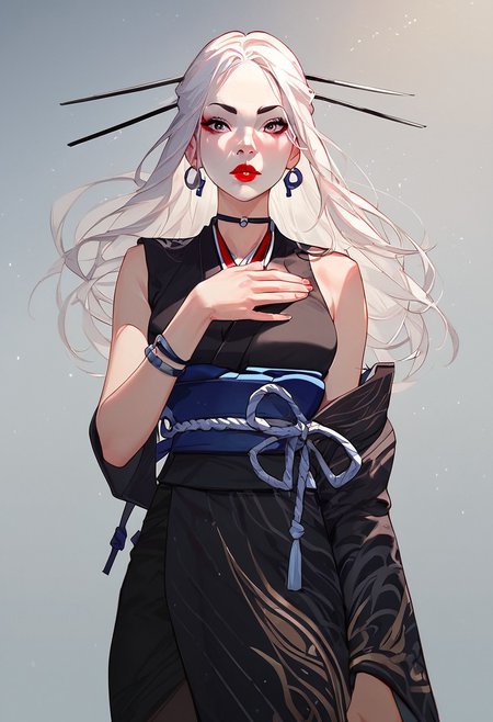 score_9,score_8_up,score_8,score_9,(((pastel colors, high contrast,expressiveh,solo focus, ))), (1girl, standing, looking at viewer)  rimlight, asian, Kuroku, Japanese clothes, black clothes, large sleeve, long hair, white hair, red lipstick, hair ornament, museum background, white sash, kimono, one arm sleeveless, crazy expression, holding kunai,
