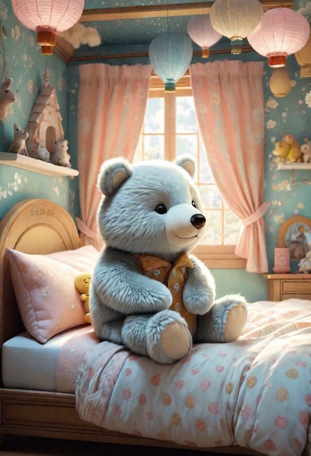 adorable concept illustration of a plushie animal peacefully sitting on a child s bed, soft lighting, gentle texture, dreamy atmosphere, pastel tones, matte finish, wide shot, by Yuko Shimizu, by Marc Brunet, by Joshua Middleton, children illustration, highly detailed, trending on artstation, fluffy, smooth, digital art, sharp focus