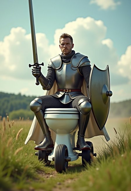 "Hyper-realistic image of a brave knight sitting on a porcelain toilet with wheels, speeding through the grasslands of Camelot. He holds a sword and shield. The knight's armor is intricately detailed, and the toilet mobile is rendered with realistic textures. The scene is absurd and humorous, with the knight's serious expression contrasting with the ridiculousness of the situation. The background is a lush, green grassland with fluffy white clouds, adding to the comedic tone."