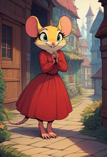 score_9, score_8_up, score_7_up, score_6_up, score_5_up, score_4_up, solo, (fluffy:0.8), (feral), furry, (((mouse))), female, claws, (fluffy cheeks:0.7), (red dress), (solo:2), (cartoon style), village, fca style, comic book, yellow fur, blue eyes,
