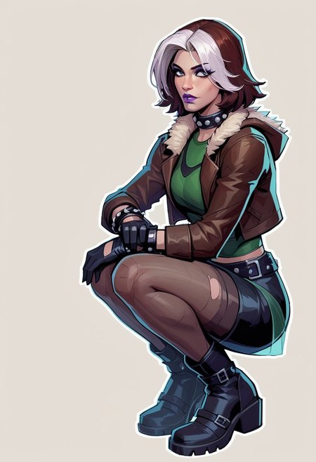 score_9, score_8_up, score_7_up, score_6_up, {Rogue, marvel}, 1girl, pale skin, lilac lips, lilac makeup, short brown hair with white bangs, EVOrogue, black sports bra, studded collar, green mesh top (covered chest), green transparent blouse, long sleeves, gray eyes, black leather skirt, black tights, big black boots, studded bracelets, leather gloves, brown bomber jacket, fur trim, hood,
casual clothes, goth outfit, 
detailed face, pretty face, outline, cel-shading, sketch, 
Crouching, closed legs, view from the side,