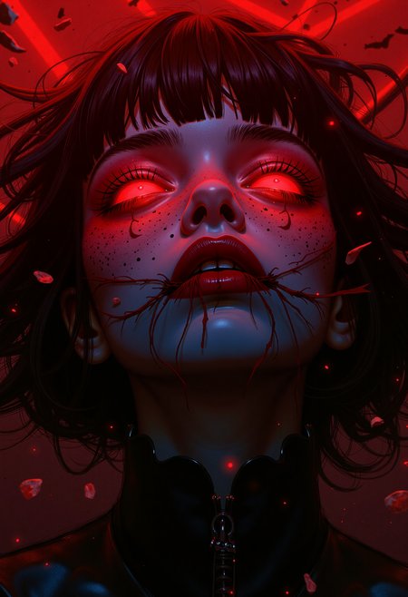 A hauntingly beautiful dark gothic fantasy concept art, extreme close-up of a female character's face, her portrait exuding eerie elegance. Backlighting casts a dramatic, atmospheric glow, illuminating swirling debris and unknown elements in the air, creating a sense of horror and mystery. The ghostly figure's mouth is stitched shut with thick, dark thread, yet her shadow screams in silent torment. Hyperdetailed, with rich red and crimson hues dominating the palette, the scene blends anime style with gothic horror, creating a striking, unforgettable image., ethdysty, atmospheric haze, GTHAN, Gothic, OBxiaoxiang,.,dark gothic fantasy, extreme close-up, face, character portrait, backlighting, atmospheric glow, horror, anime style, ghostly figure, mouth stitched shut, screaming shadow, hyperdetailed, red, crimson, female, eerie elegance, silent torment, swirling debris, dramatic lighting, gothic horror, hauntingly beautiful, unforgettable image, rich colors, detailed, striking, bold, unique, horror elements, mysterious atmosphere, high contrast, intricate details, dark threads, screaming shadow, ghostly figure, female character, anime style, gothic fantasy, hyperdetailed, red and crimson, atmospheric glow, backlighting, extreme close-up, face, character portrait,, ethdysty, atmospheric haze, GTHAN, Gothic, OBxiaoxiang,.,<lora:ethereal-dystopia01FL:0.404> ethdysty, atmospheric haze,<lora:GTHAN-F:0.414> GTHAN, Gothic,<lora:OBååå®èåç»V2.0:0.34> OBxiaoxiang,<lora:dark_fantasy_flux:0.427>