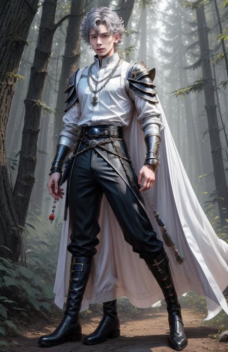 8k, wolf prince,   ((masterpiece)).((best quality:1.2)),  sharp focus, full body, head to toe, 1 young man, 22 years old, youthful appearance, male focus, dynamic pose,  silver colored hair, curly hair, EYESHD,  small testicle bulge, Nora outfit fur accents, Nora outfit bead necklaces, Nora outfit pants, Nora outfit hip quiver, Nora outfit leg guards, Nora outfit arm braces, Nora outfit belt with pouches, and Nora outfit fur boots,   defined body, thin waist, looking at camera, armor, he has a pet wolf,  detailed background a wooded clearing, a pet wolf standing nest to him,(absurdres) , <lora:more_details:0.5>, <lora:wrenchftmfshn>,<lora:add-detailxl:0.8>, <lora:Eyes_High_Definition-000007>, , <lora:lightup_brightness_v200:1>, <lora:Nora:1>